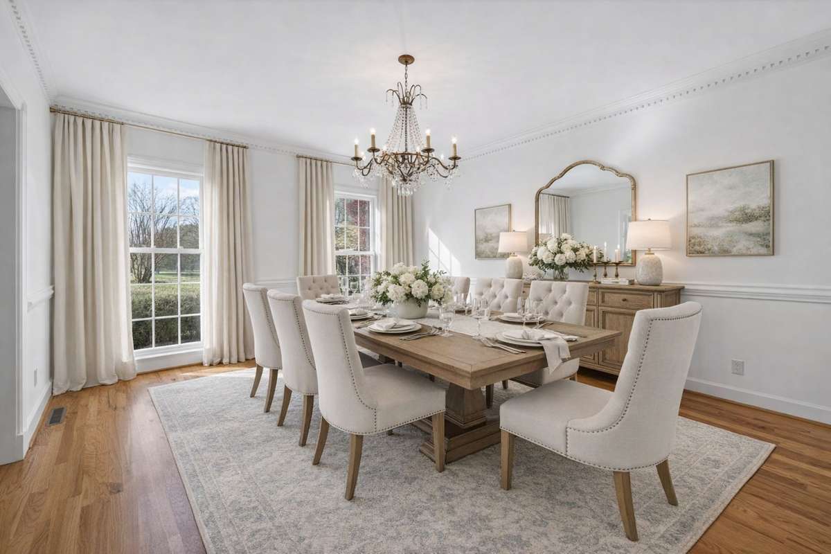 Photo is virtually staged with drapery and furnishings. Please see next photo for present condition.