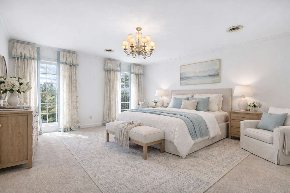 Photo is virtually staged with drapery and furnishings. Please see next photo for present condition.