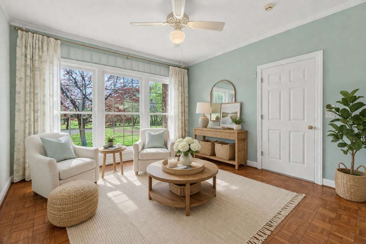 Photo is virtually staged with drapery and furnishings. Please see next photo for present condition.