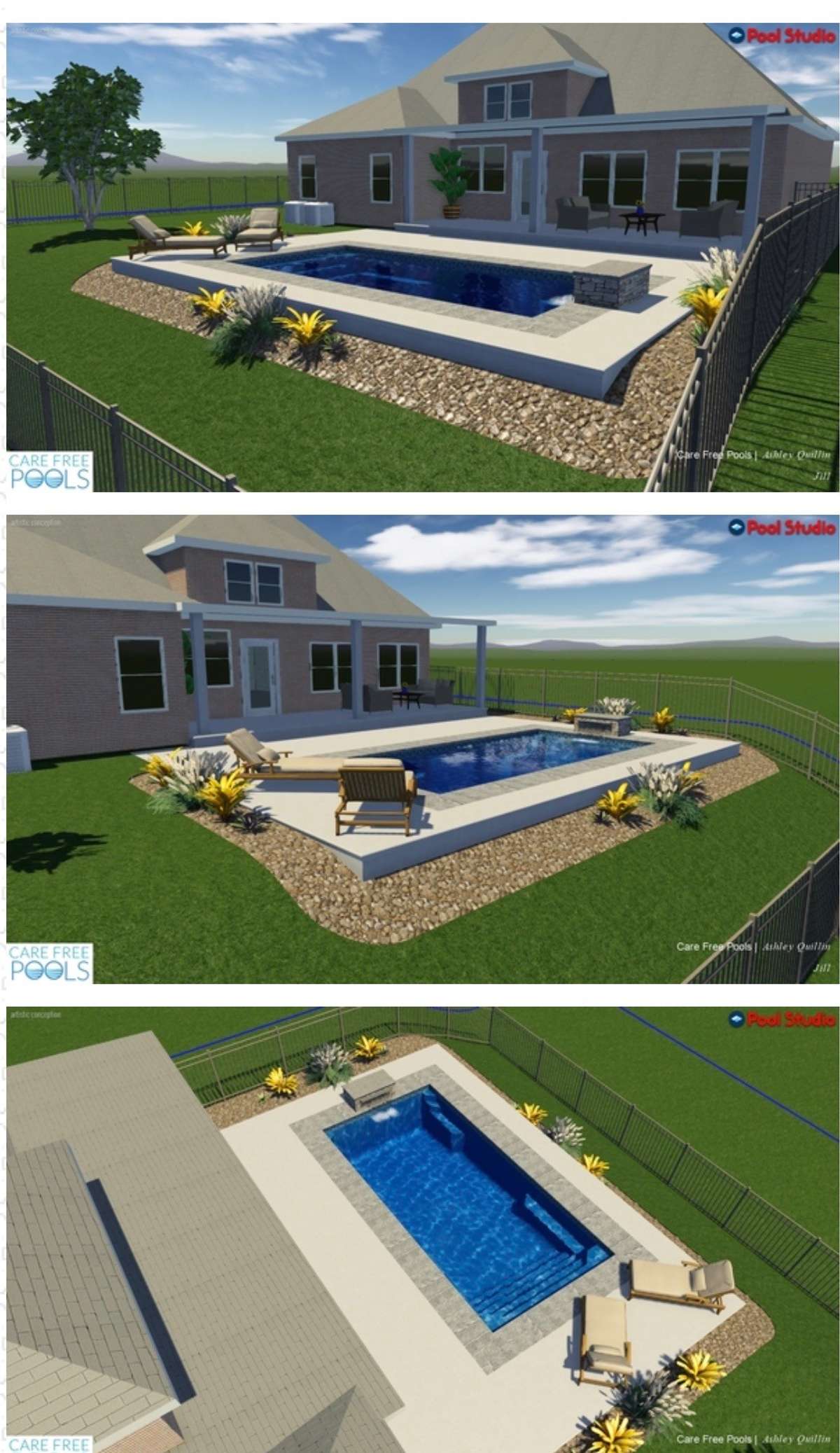 Photo is rendering of pool in backyard from Carefree Pools!