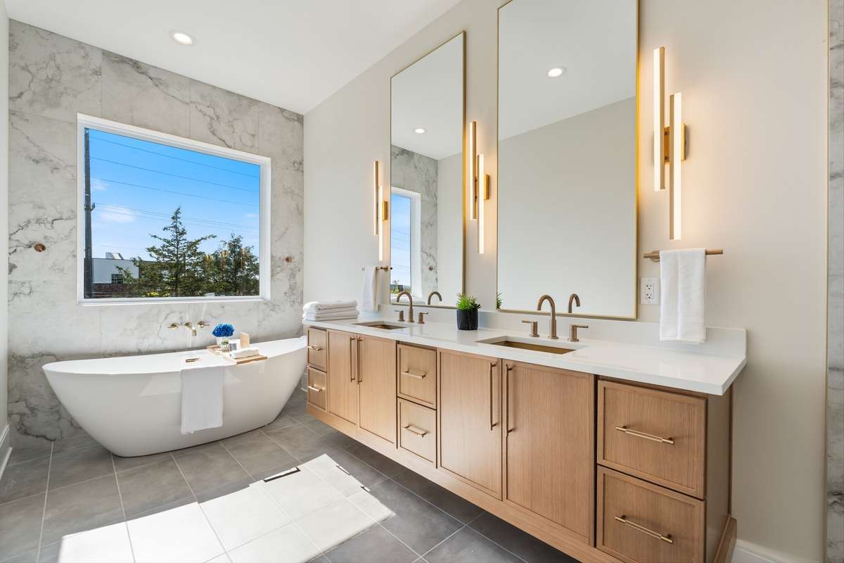 Floating vanity, 6 foot mirrors.