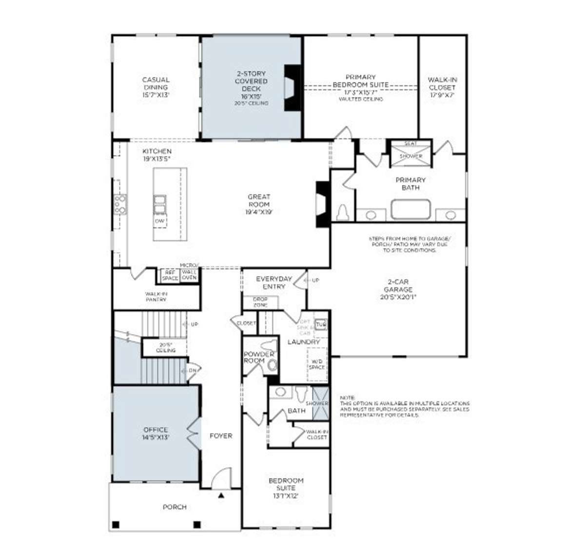 This is the first floor of the Liora home by Toll Brothers. We have imagined this home to have an office, walk-in shower in the secondary bedroom, and a fireplace on the covered deck.