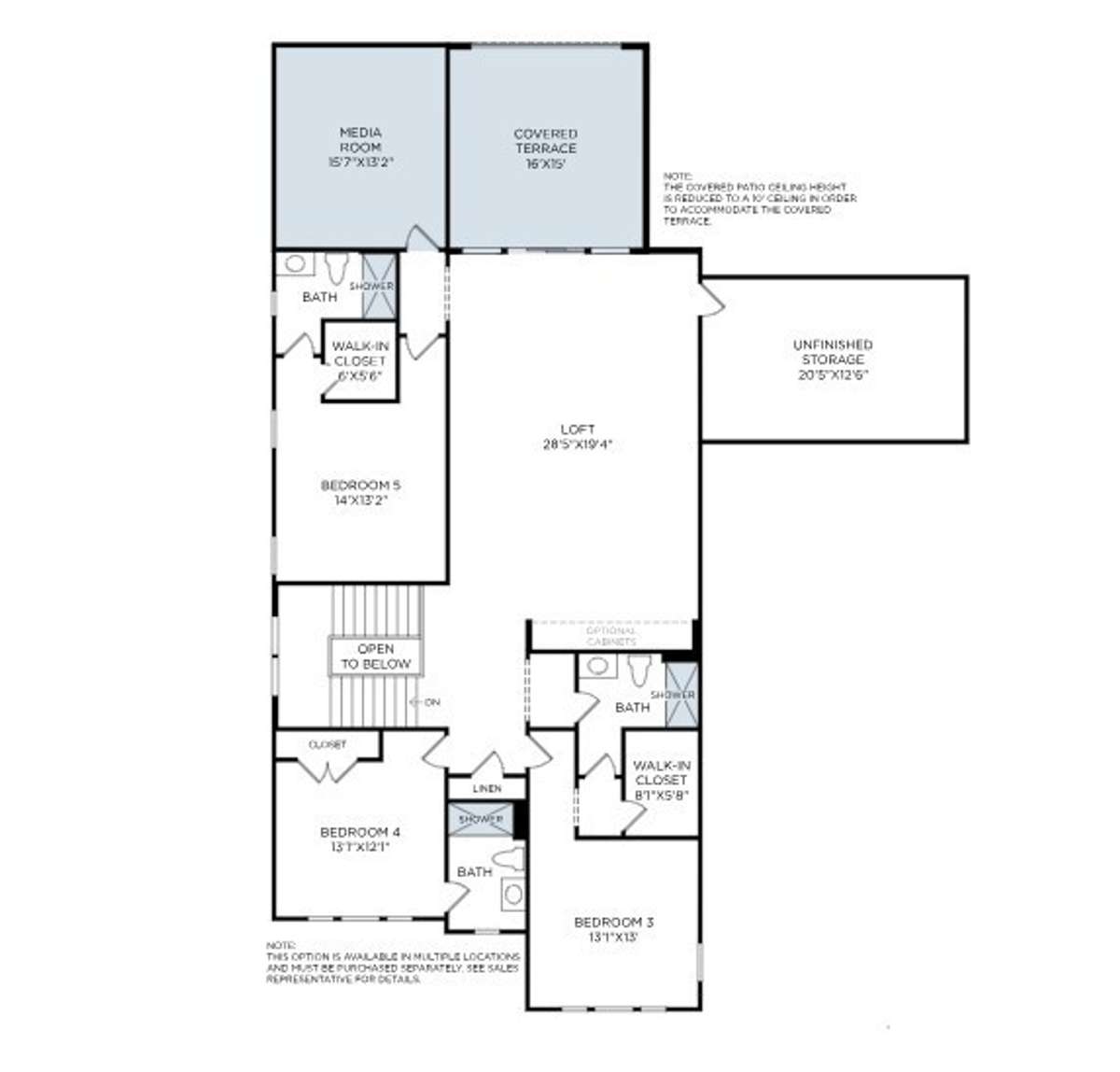 The second story of the Liora includes three secondary bedrooms, a media room, roomy bonus room, and a storage space with walk-in access.
