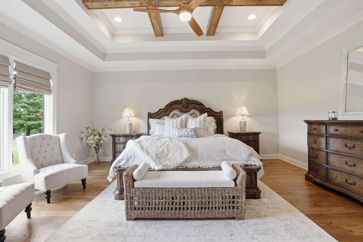 Primary suite with trey and coffered ceiling