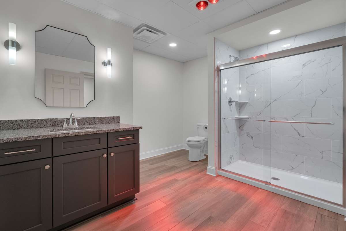 Bathroom with heat lamps