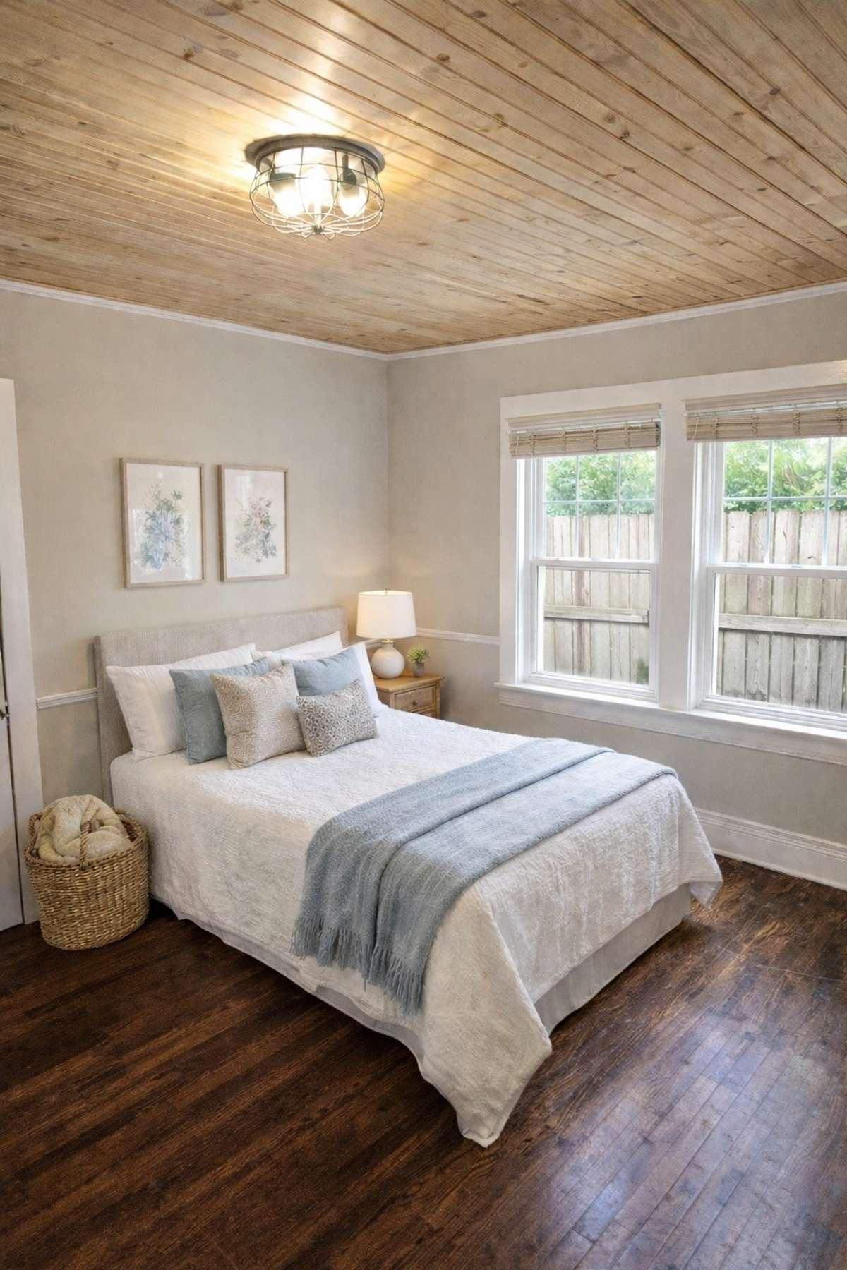 Unit B Bedroom: hardwood floors, tongue-in-groove ceiling installed 2023, updated light fixture (virtually staged)