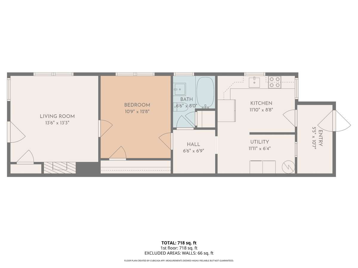 Unit B floor plan. The front porch is next to the living room, and the back yard is next to the room labeled Entry on the image. Unit A is a mirror image.