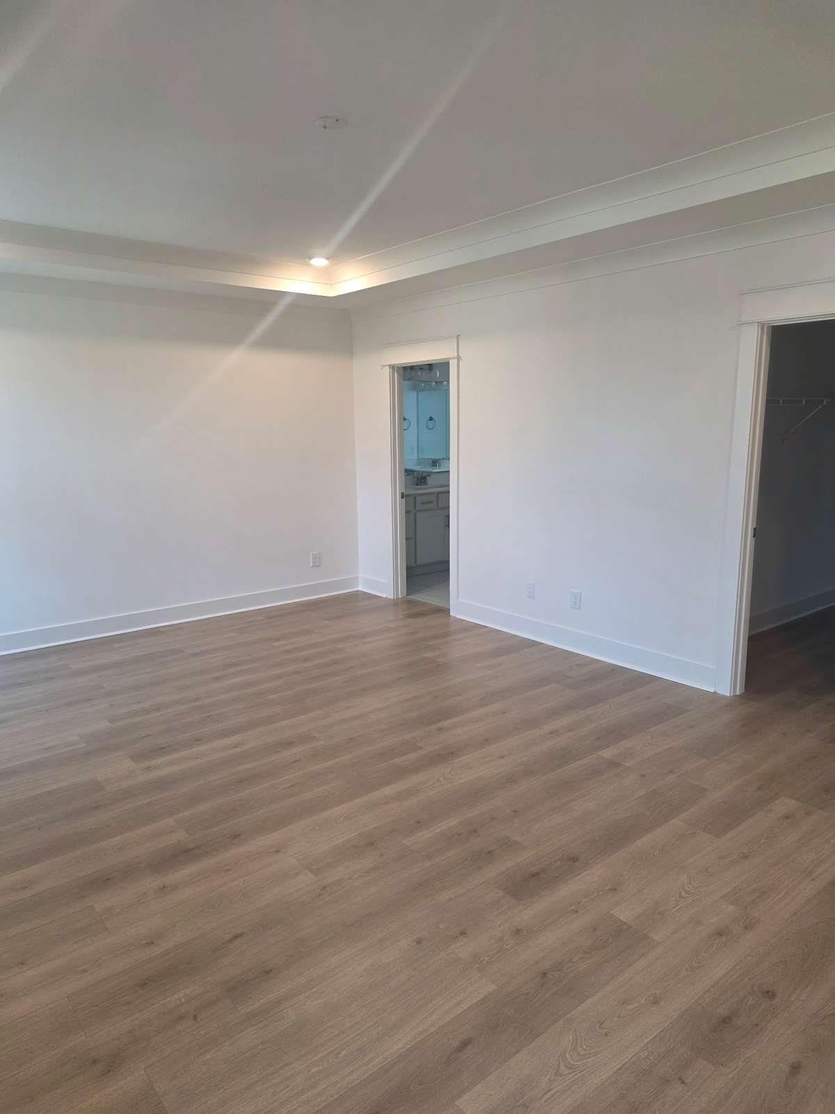 Primary bedroom on main level with laminate plank flooring and tray ceiling