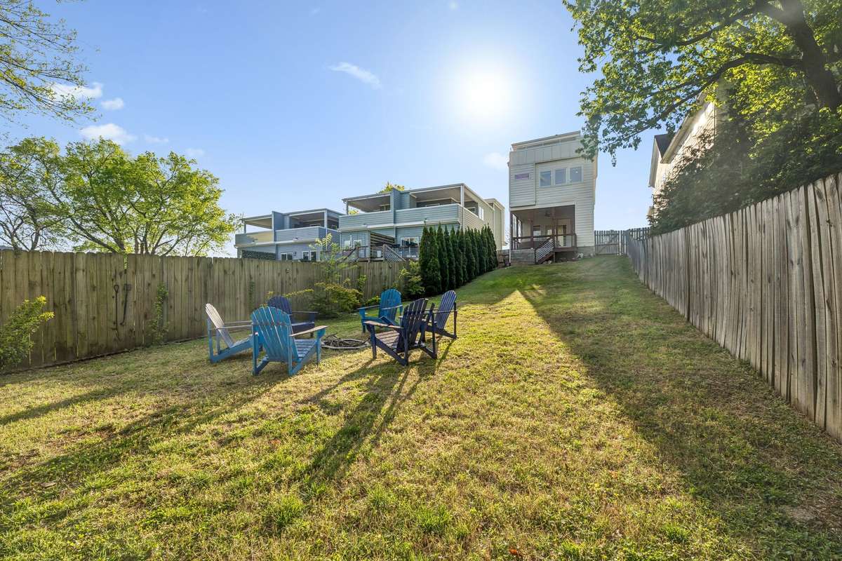 Trees line the fence for increased shade and privacy. The yard also boasts a french drain and a built-in irrigation system.