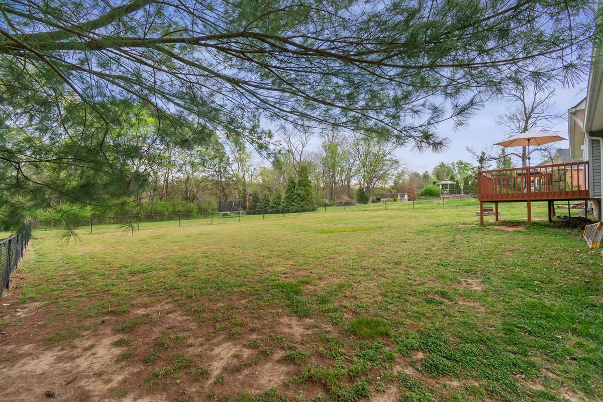 Mature trees and open lawn combine to create a calm, park-like feel throughout the yard.