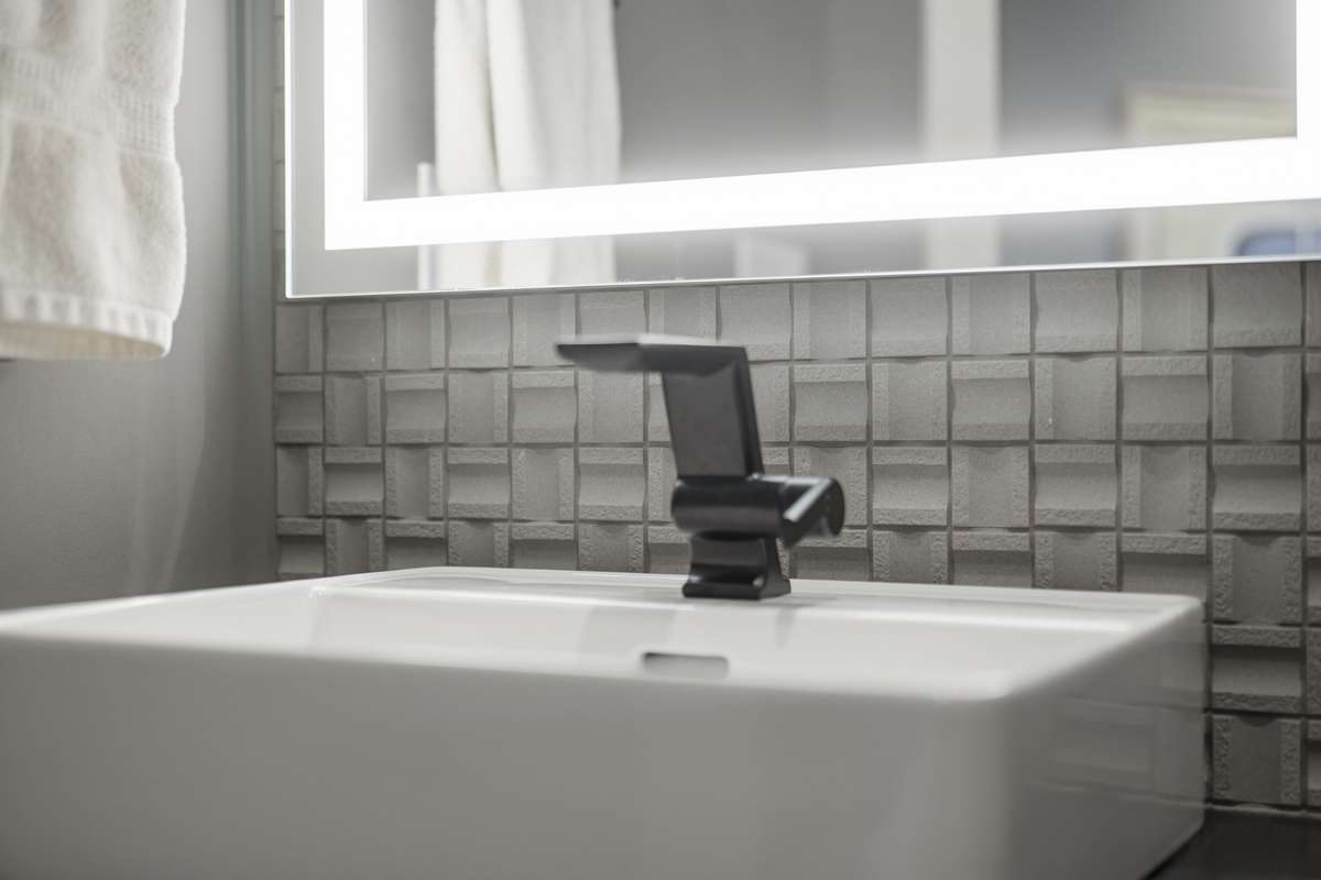 Modern finishes including floating vanity, sleek fixtures, and illuminated mirror for a clean, contemporary feel.