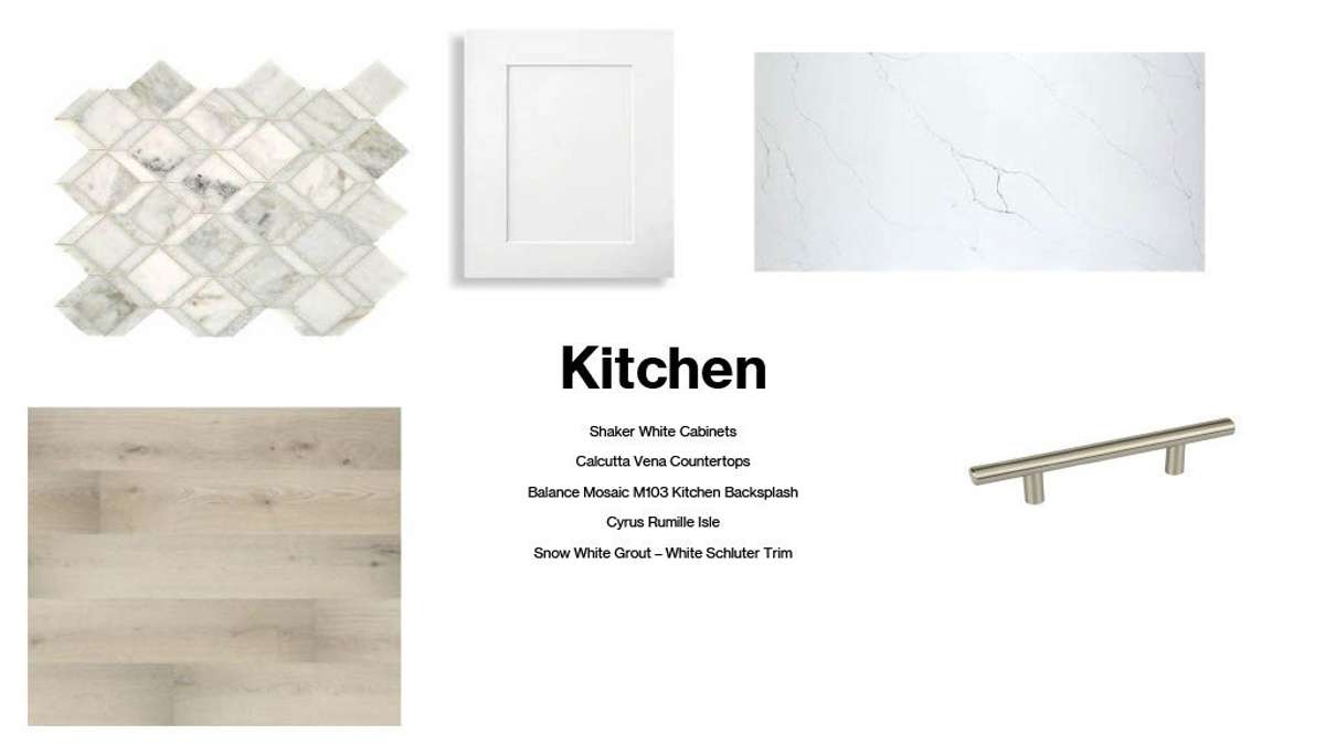 The designer has chosen a gorgeous pallet for this home! Kitchen backspalsh tile has  changed to a white subway tile.