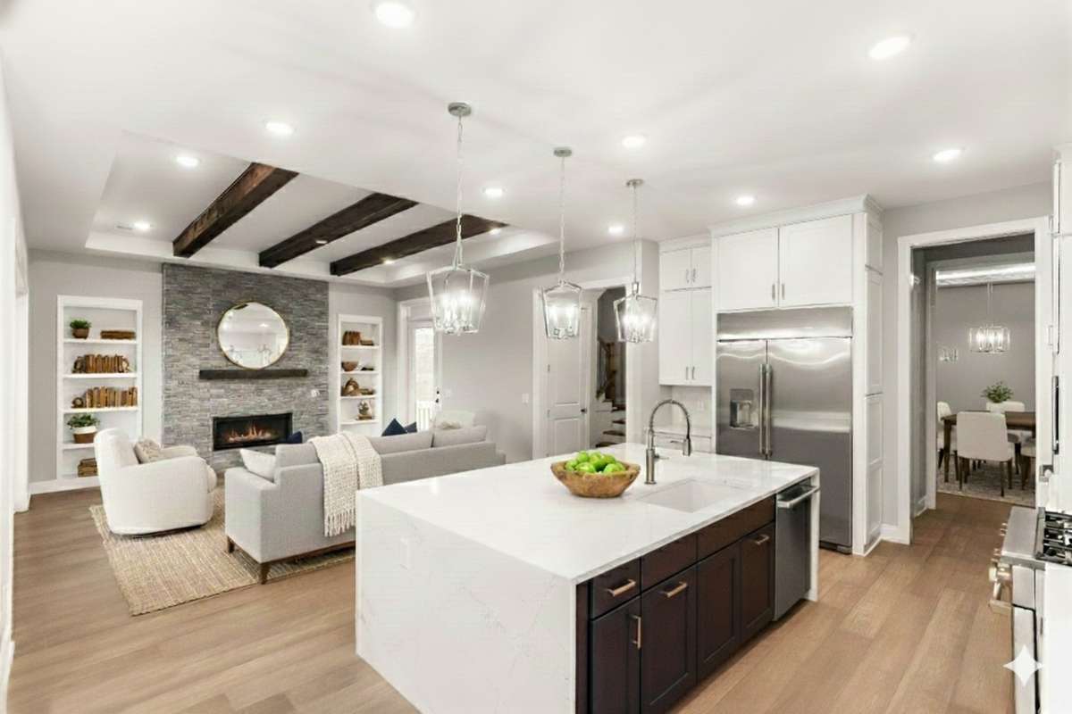 AI Staged picture of the kitchen with a view of the family room