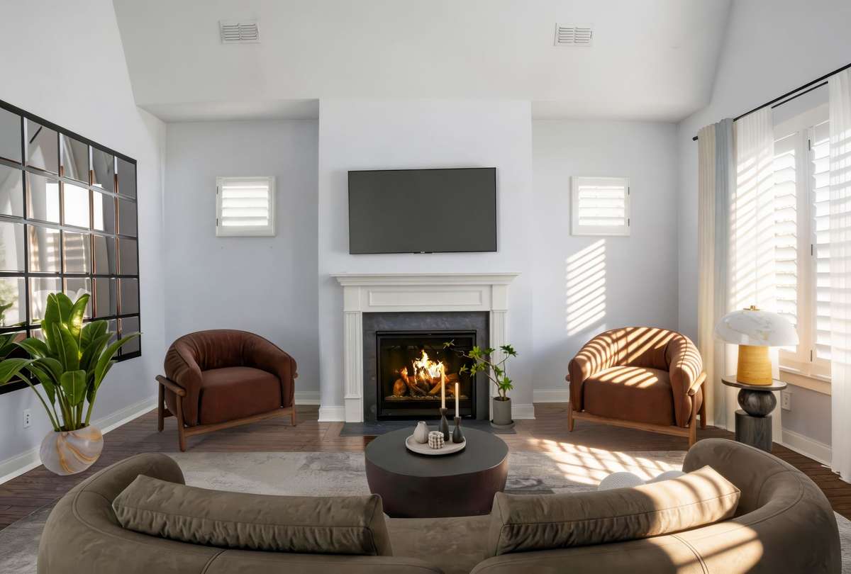 Your large living room with vaulted ceilings and fireplace.