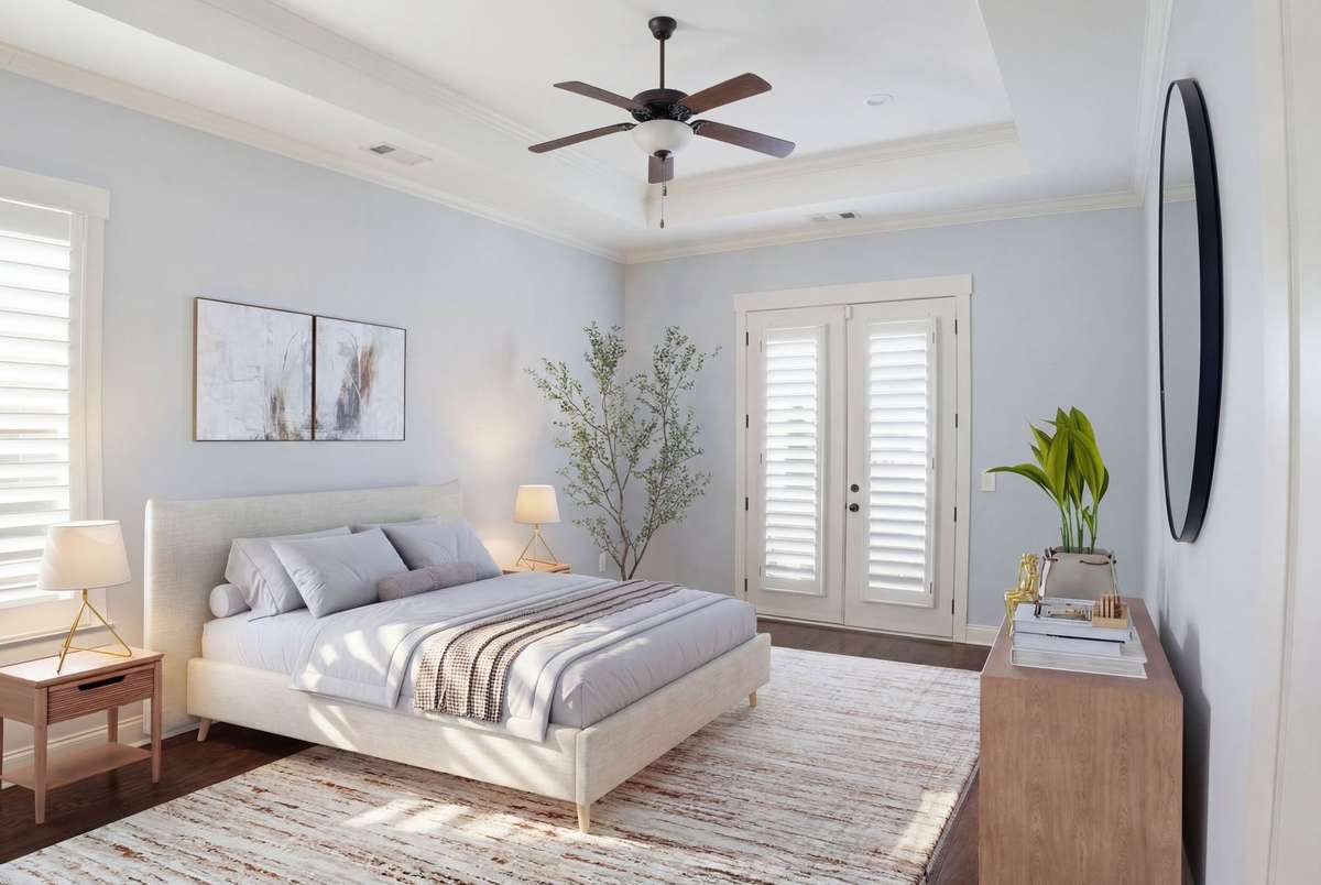 The main bedroom with a tall trey ceiling and French doors out to the back porch.