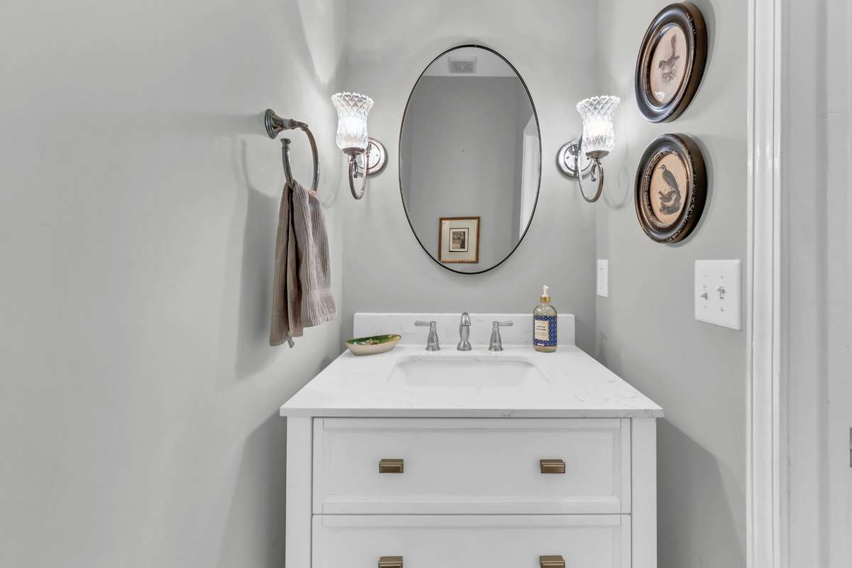 The completely renovated powder room on the main level