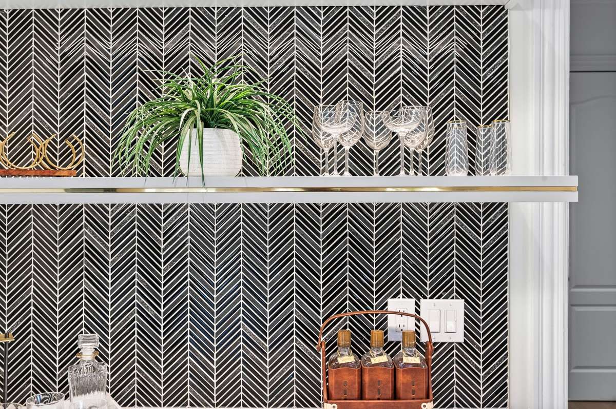 Close up of the custom tile on the coffe/wine bar.