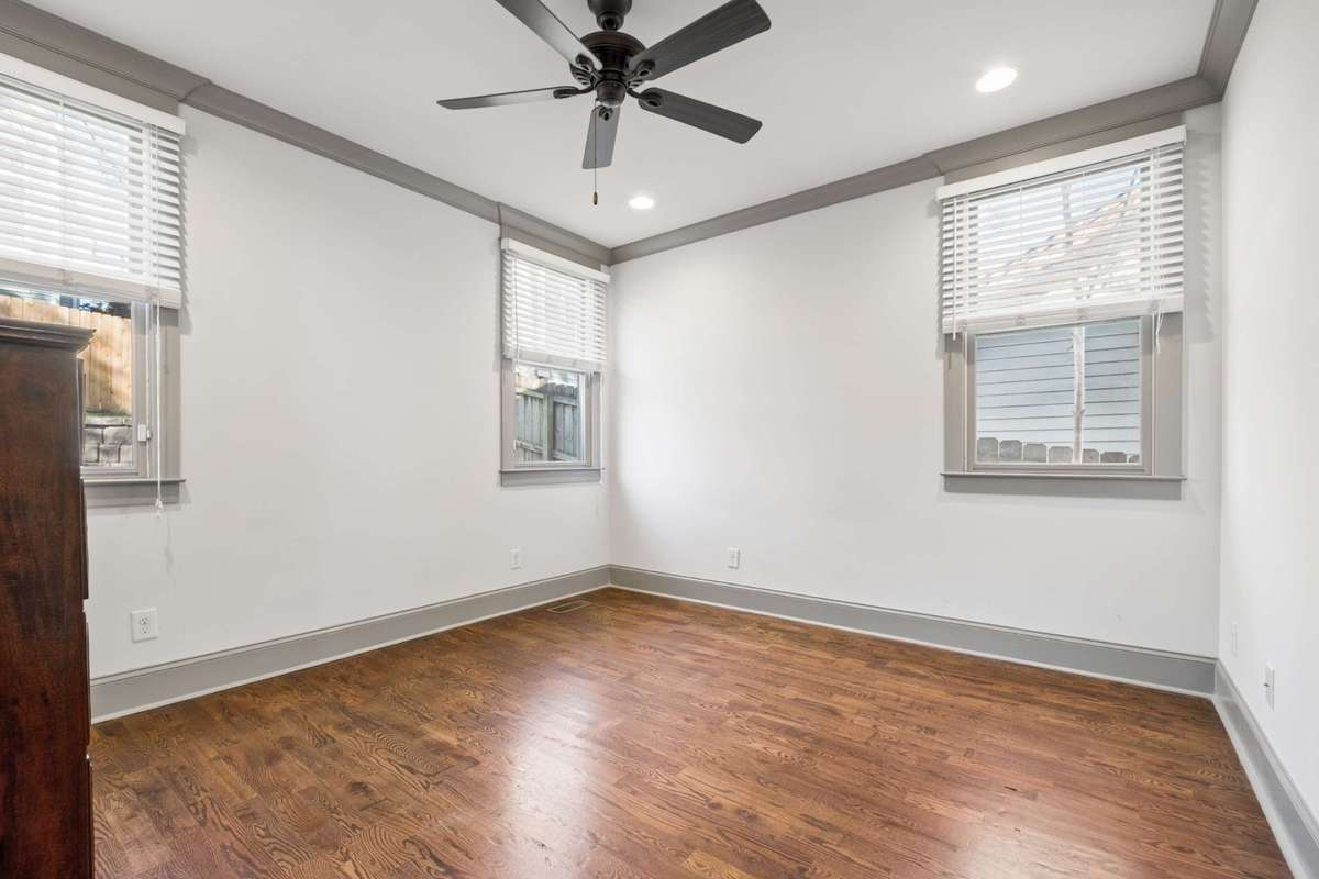 First floor Primary bedroom is located at the back of the home with a view of the back yard.