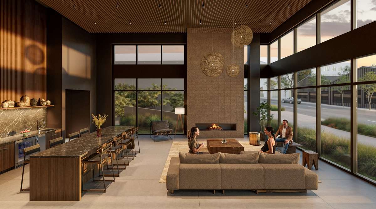 Clean, modern lobby with a coffee bar, calm, understated design, and generous ceiling heights