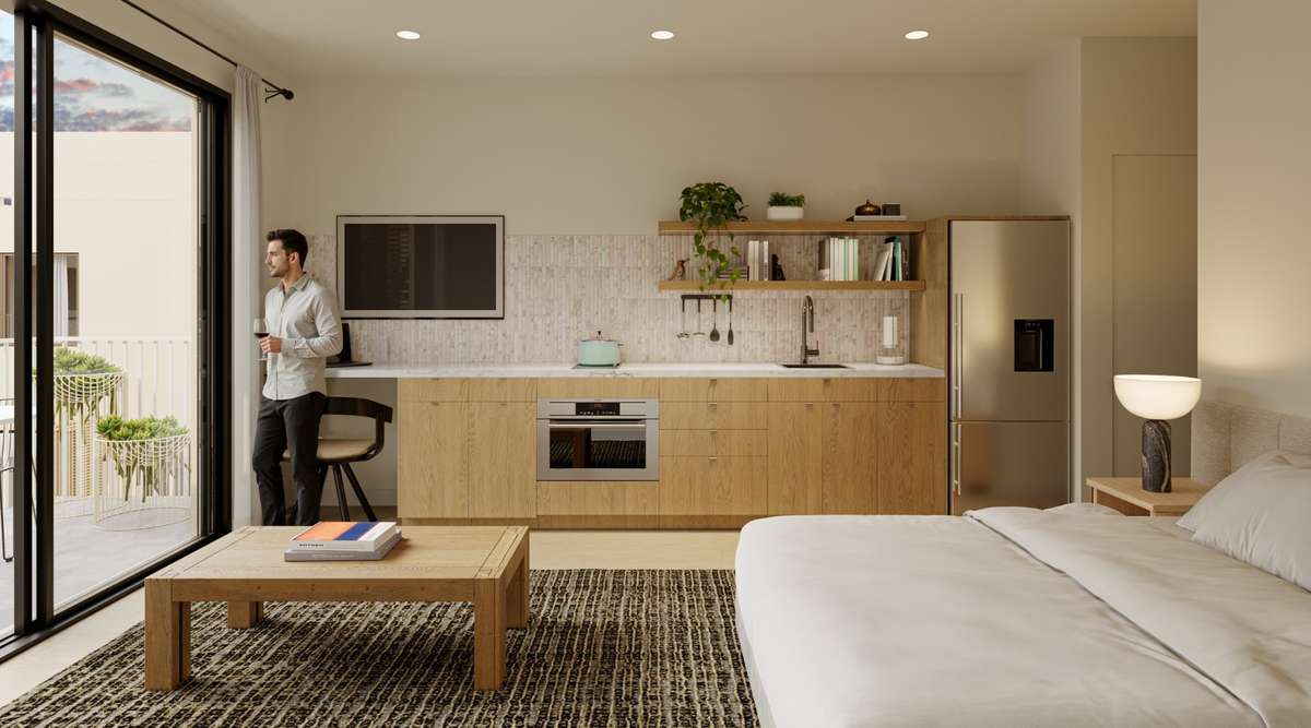Modern kitchens feature quartz countertops and Fisher & Paykel appliances, with a clean, integrated design carried throughout the residences
