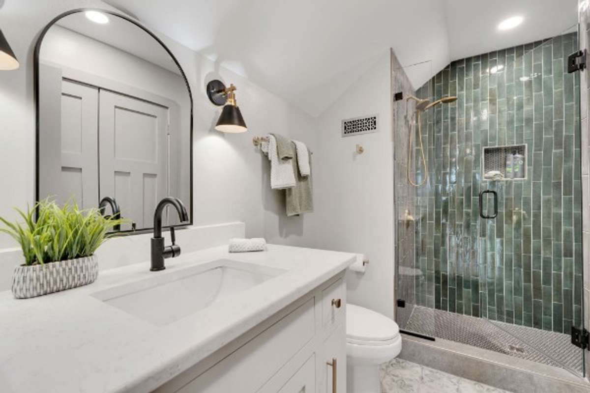 Second Floor:  FULL BATH with Gorgeous Green Tile  . . . spacious Toiletry and LINEN CLOSET!