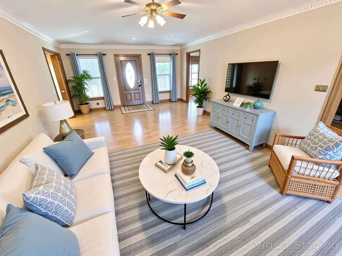 Crown molding with dentil trim detail, raised trey ceiling, wide plank floors and fireplace in elegant living room. Virtually staged photo for inspiration only and to showcase how space can be used and furnished.