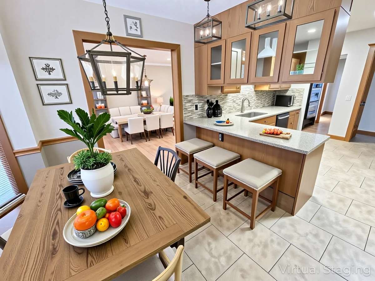 You’ll love the large dining room, breakfast nook, and kitchen bar seating—perfect for family meals and entertaining. Virtually Staged Photo for Inspiration Only and to Showcase How Space Can Be Used and Furnished.