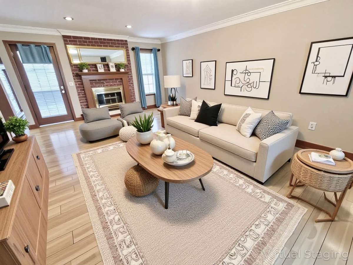 Perfect for hosting, this expansive living room offers the ideal setting for large gatherings, complete with wide-plank flooring, a raised tray ceiling, and a beautiful fireplace. Virtually staged photo for inspiration only.