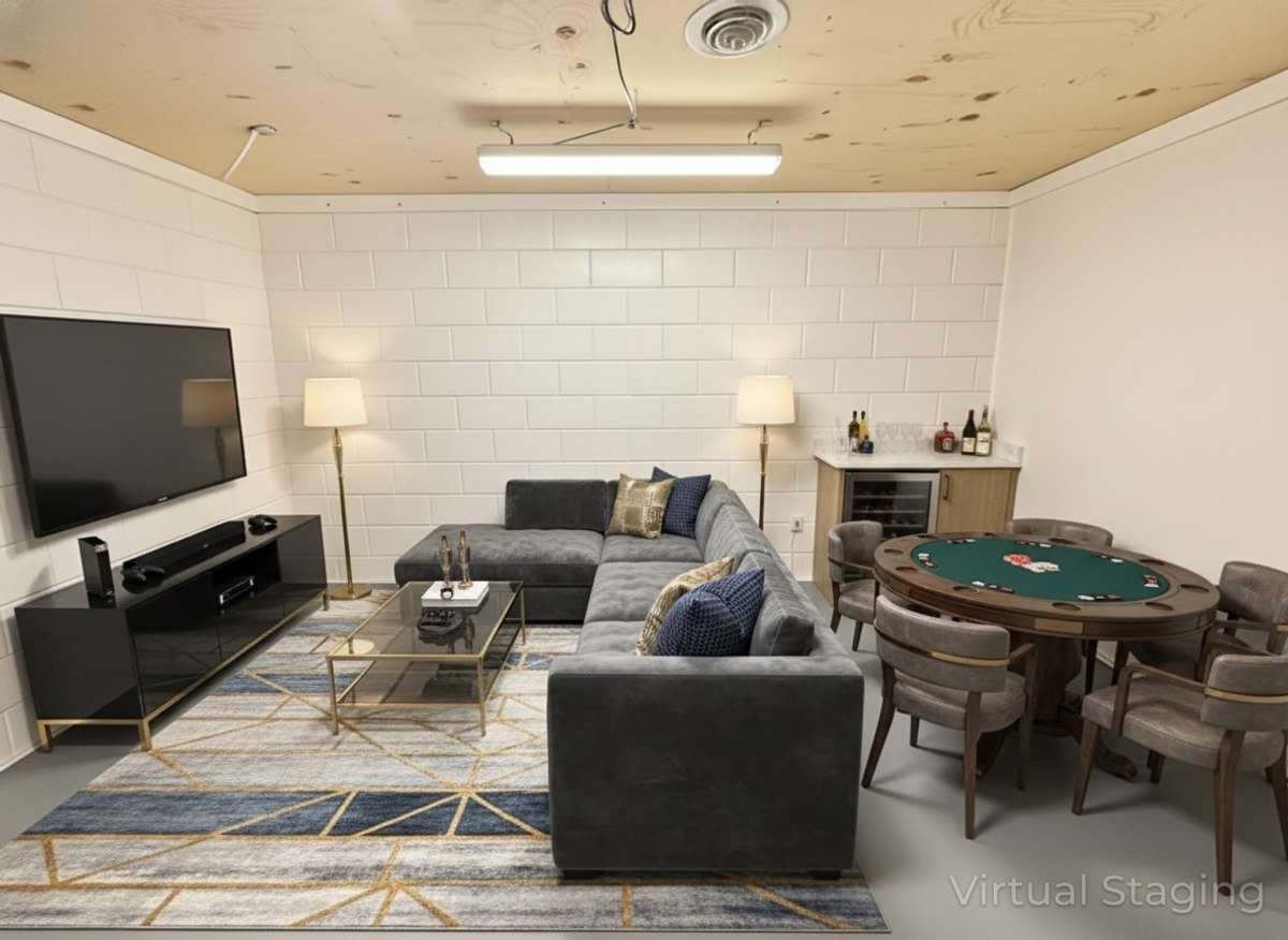 Convert the Basement Office Into a "Man Cave" for Poker & Game Night! Virtually Staged Photo for Inspiration Only and to Showcase How Space Can Be Used and Furnished.