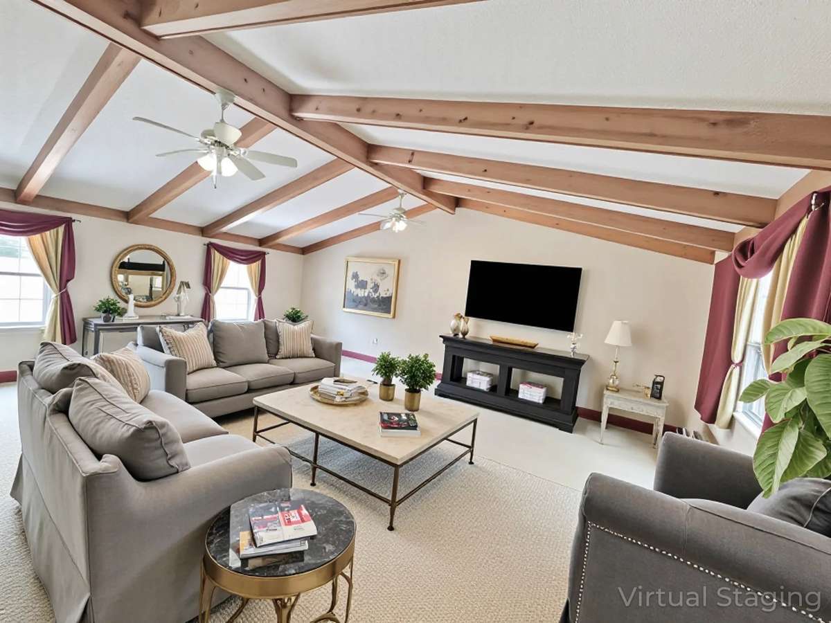 Vaulted ceiling and wood beams highlight this huge family room, offering a spacious and dramatic gathering space. Virtually Staged Photo for Inspiration Only and to Showcase How Space Can Be Used and Furnished.