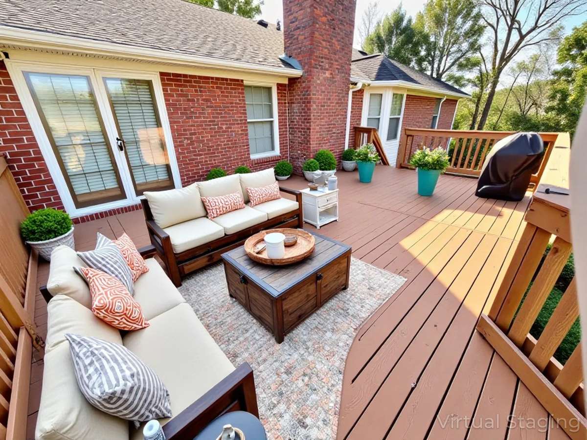 Host unforgettable meals on your back deck, perfectly positioned to overlook the home’s expansive and spectacular backyard. Virtually Staged Photo for Inspiration Only and to Showcase How Space Can Be Used and Furnished.