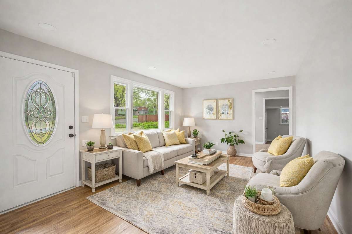 This spacious living room has gorgeous hardwood floors and is spacious enough to handle all your furniture needs and more