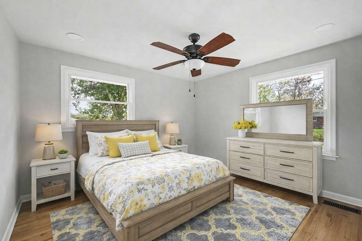 Bedroom one has new floors, beautiful paint and new fan.