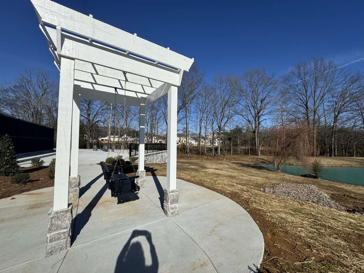 Swing overlooks a beautiful pond and fountain.