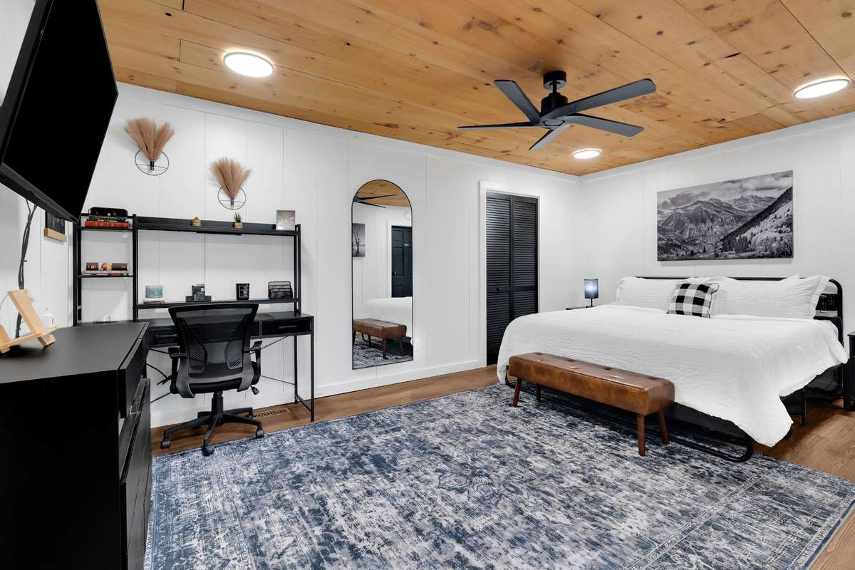 downstairs primary suite, with spa like bathroom.