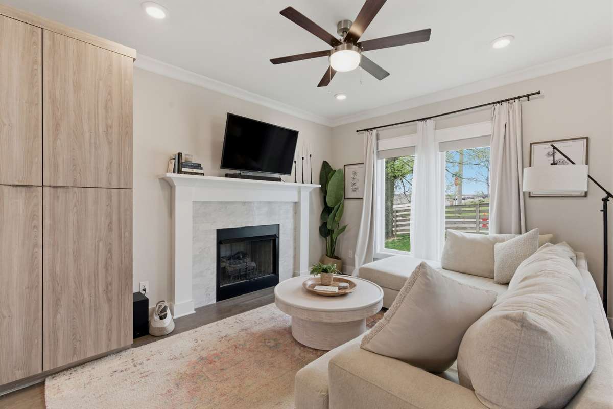 The big gas fireplace creates a cozy vibe.