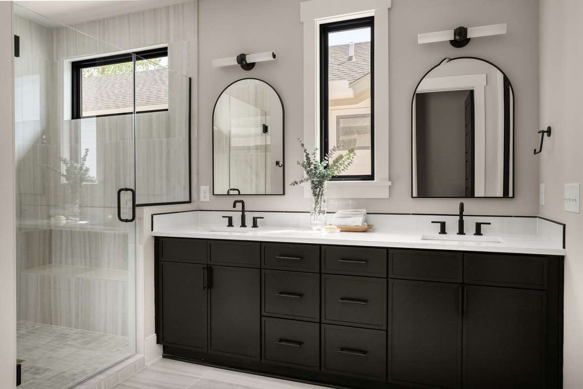 Primary bathroom with dual sink vanity