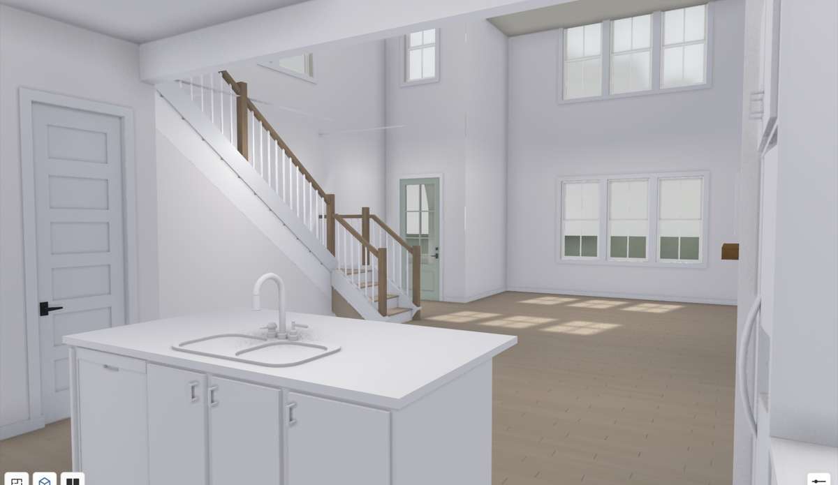 Pictures show what the vaulted 20’ living room will look like!