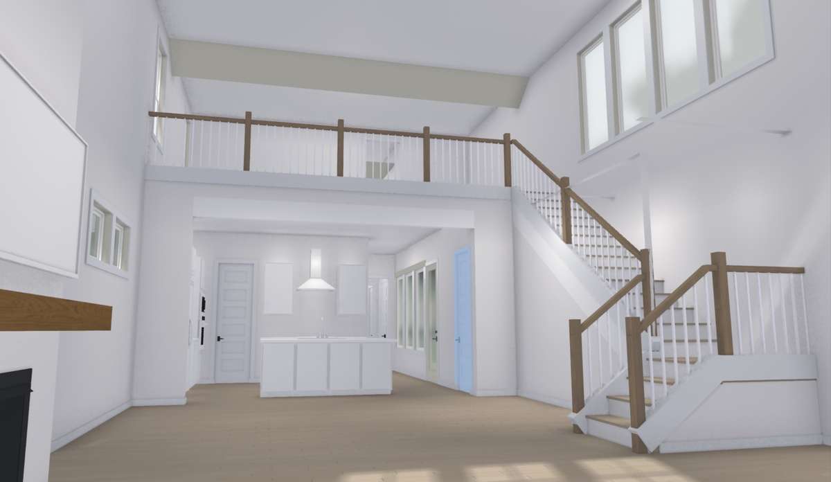 Pictures show what the vaulted 20’ living room will look like!