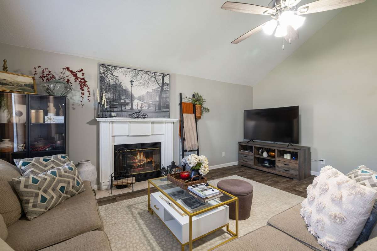 Living room with a cozy fireplace