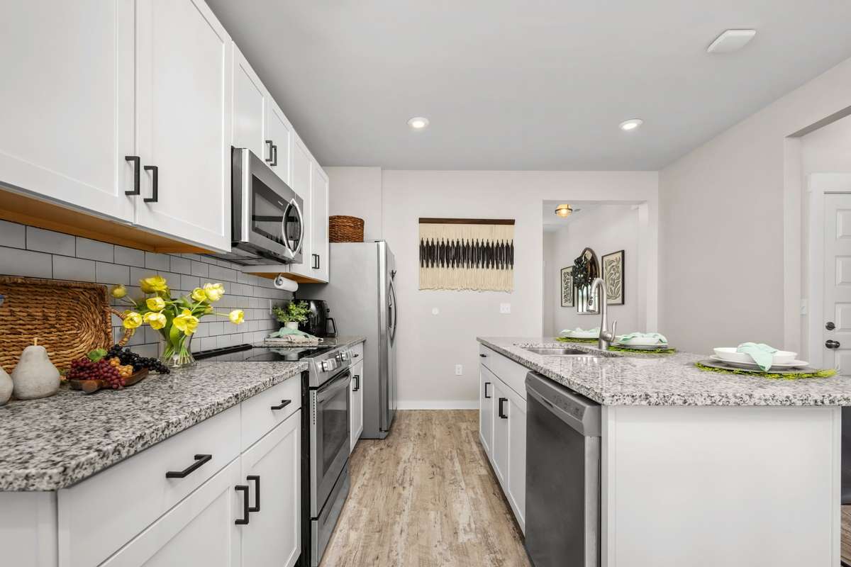 Stainless steel appliances and granite counters.