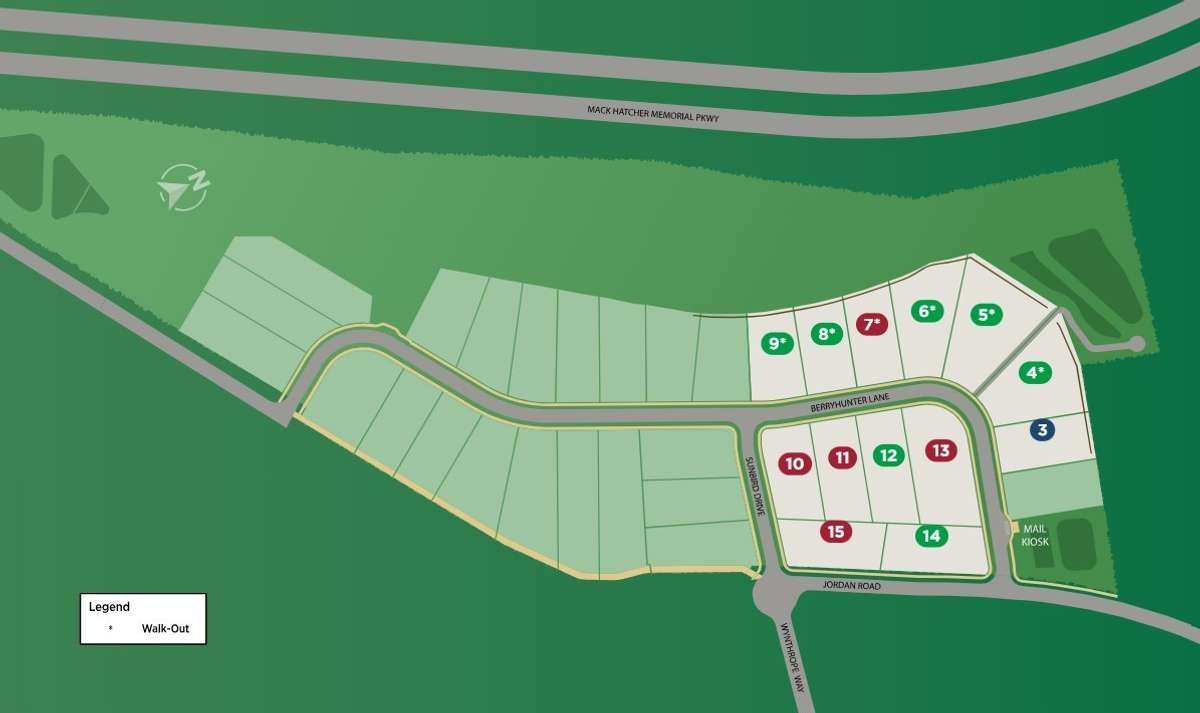 Current map of available and sold lots in Phase 1. Lots 4, 5, 6, 8 & 9 are homes to be built with walkout basements. 12 & 14 are non-basement lots.