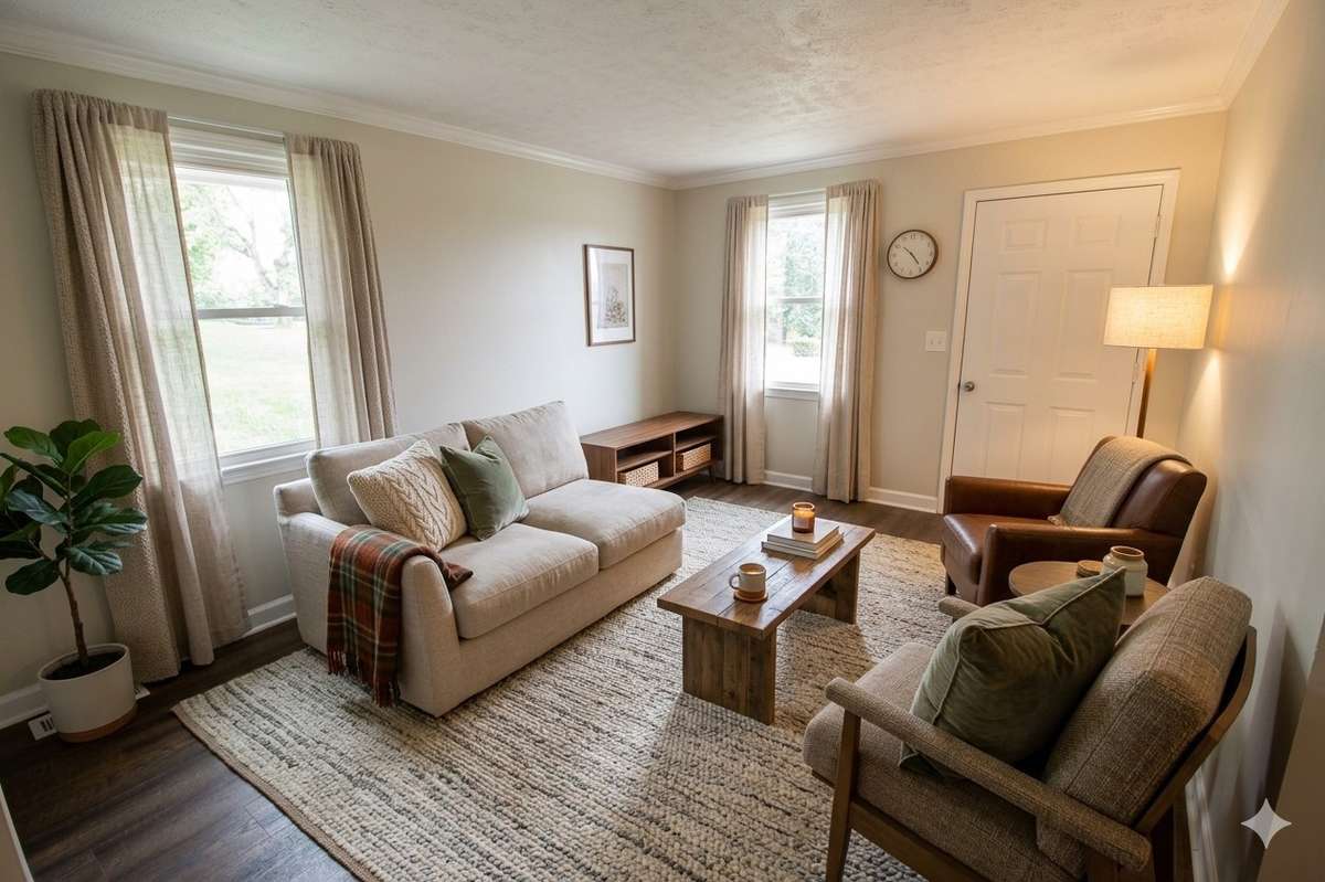Living room, unit A; digitally staged