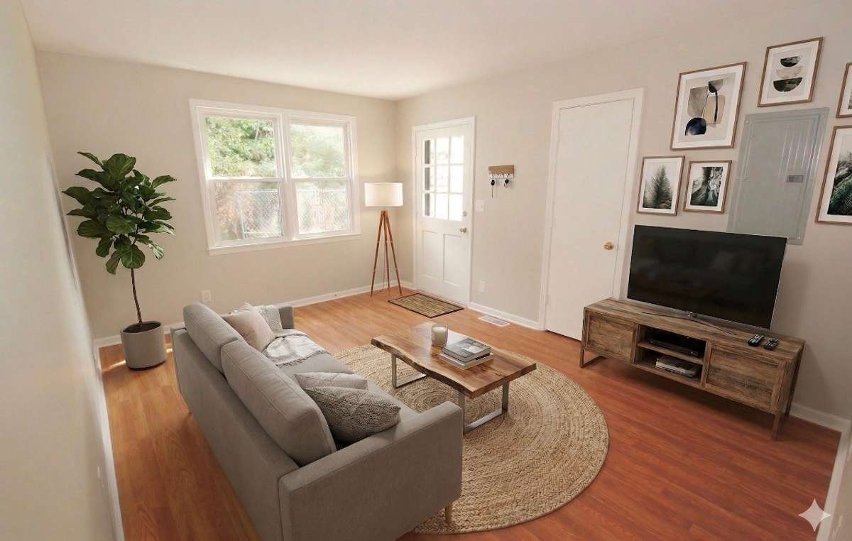 Living Room, Unit B; digitally staged