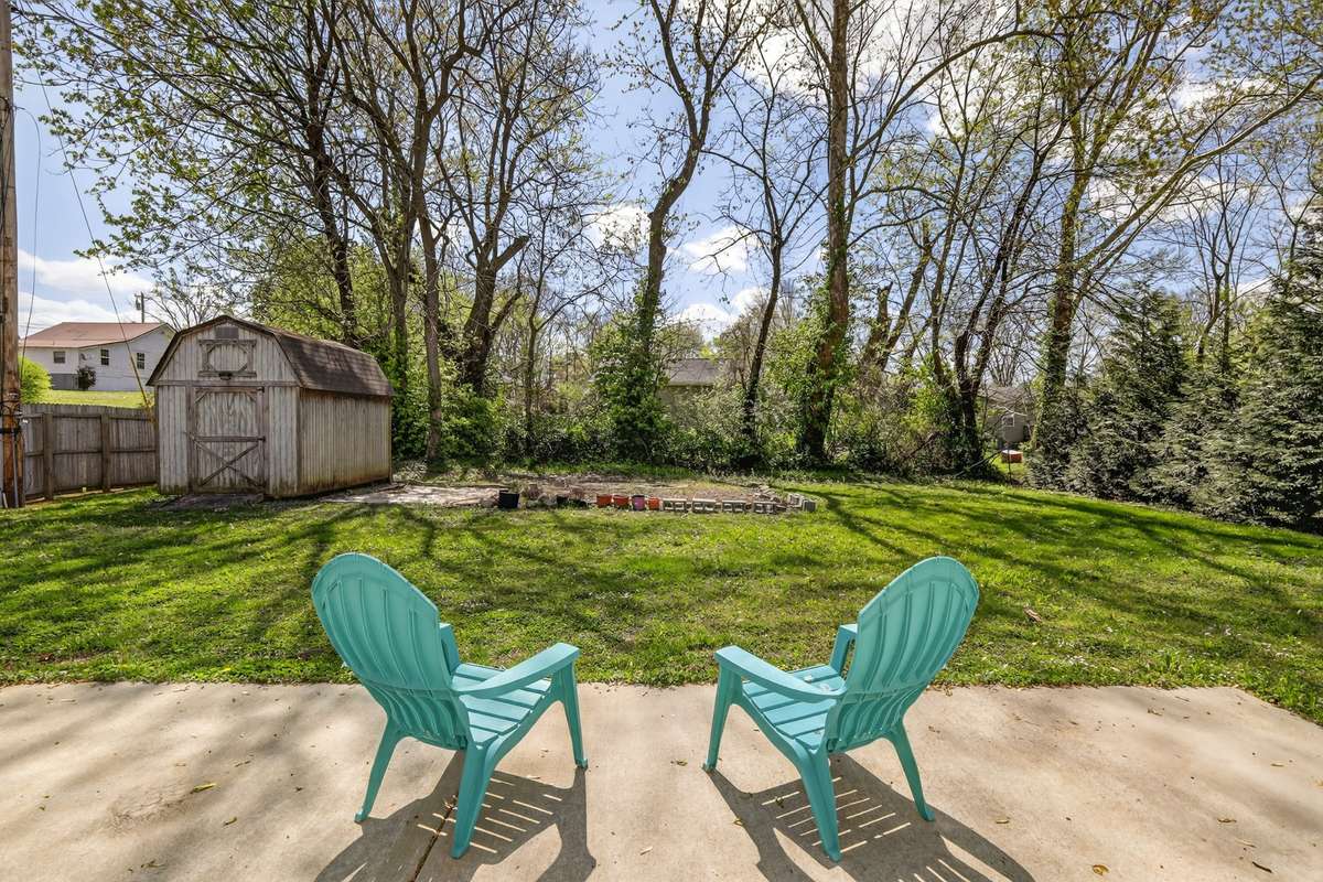 The shed stays for all your gardening and yard Tools. The back yard is large and has a garden area as well as a Fire pit area