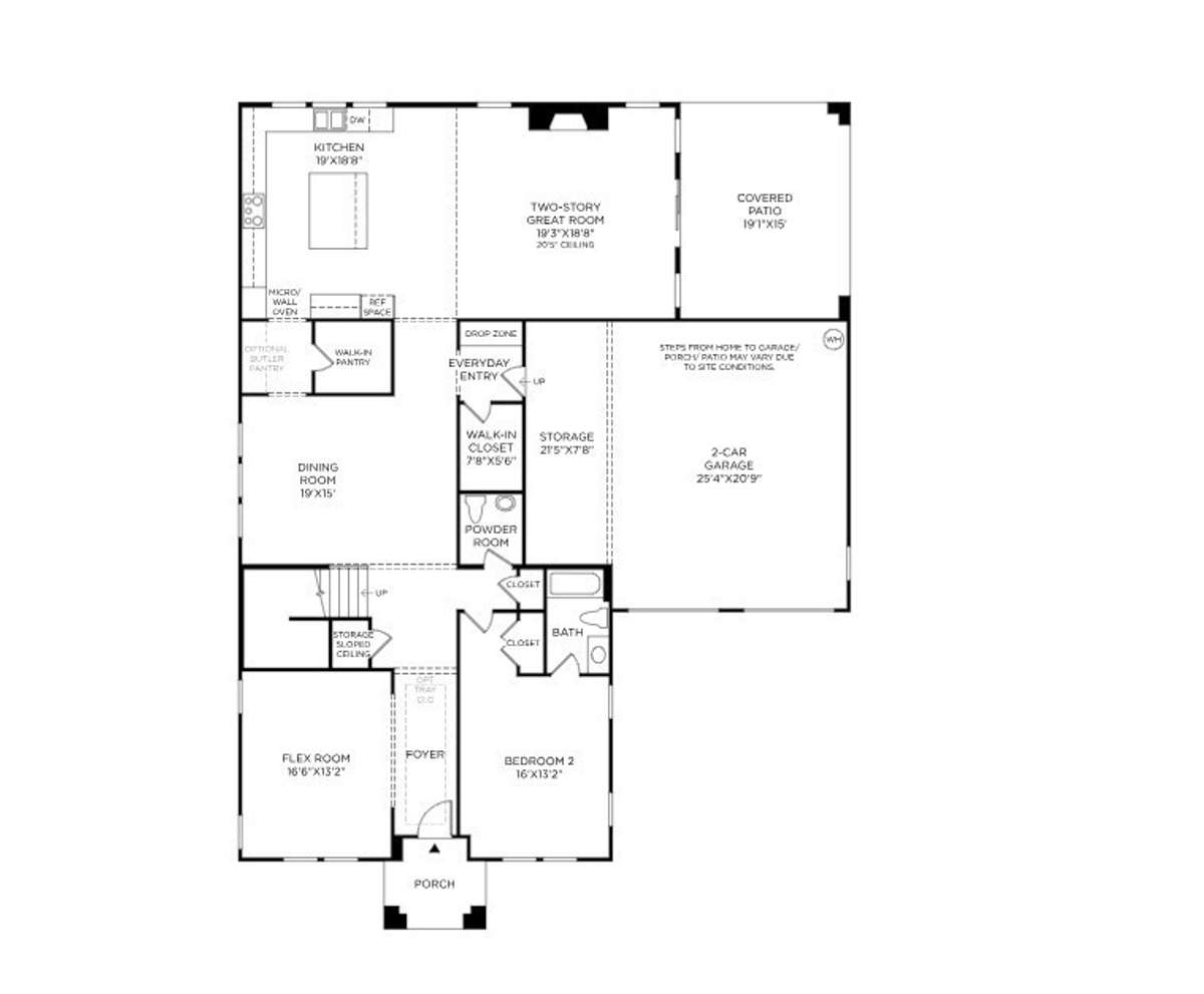 The Monarda home includes a kitchen on the back of the home, formal dining, office or flex room, and a first floor secondary bedroom.