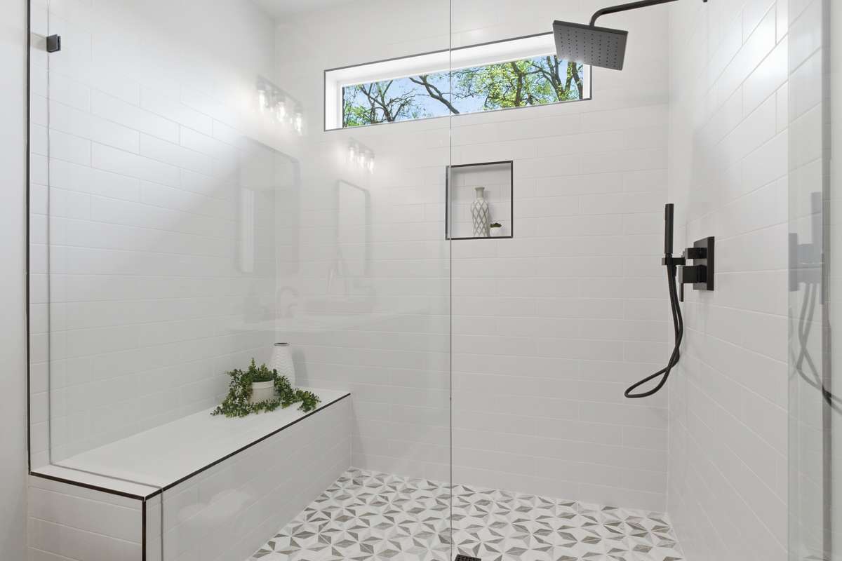 Large Tiled Shower with Frameless Glass
