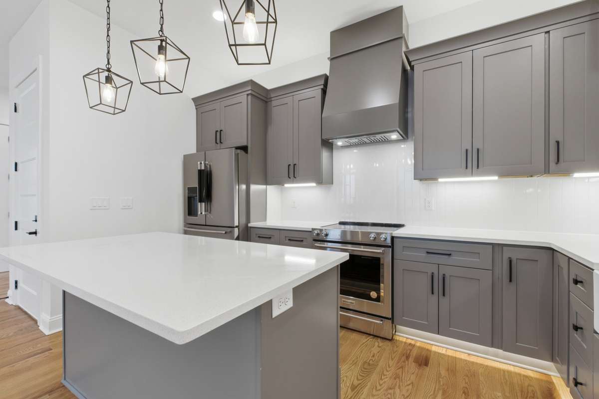 Gray Cabinets with Vent Hood