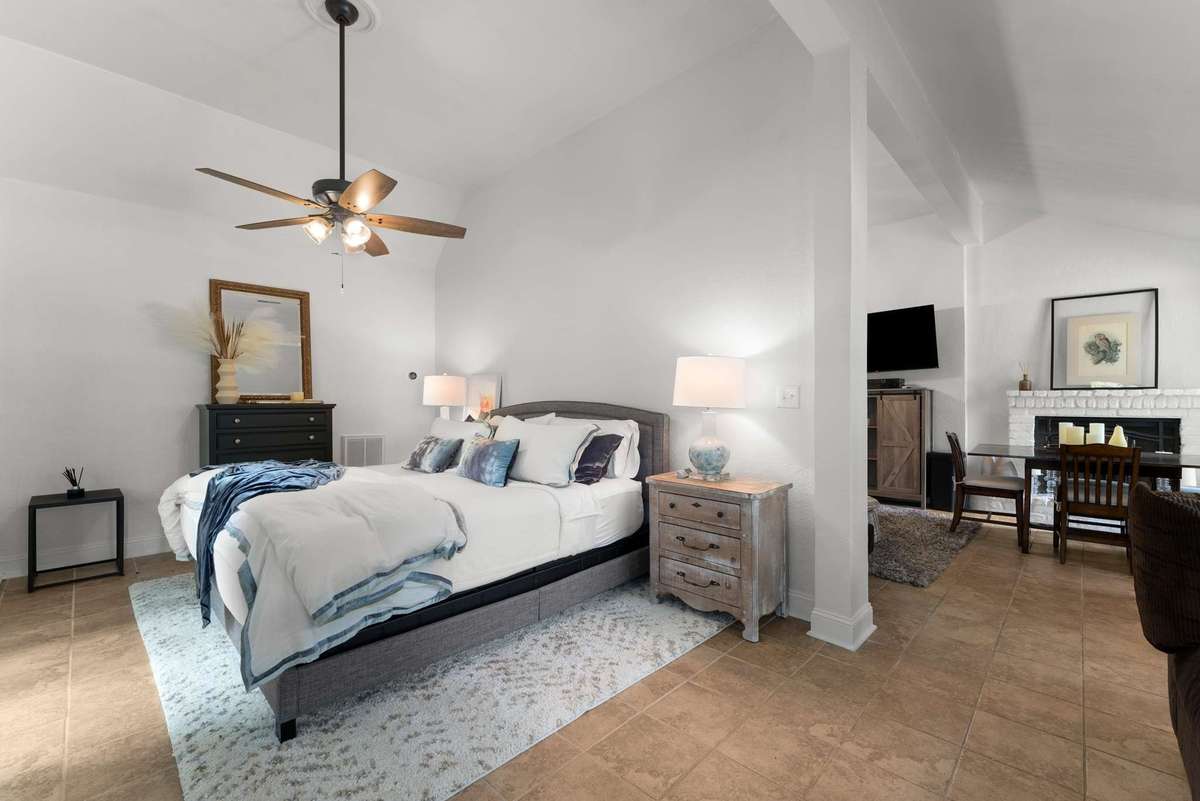 The bedroom is tucked away...