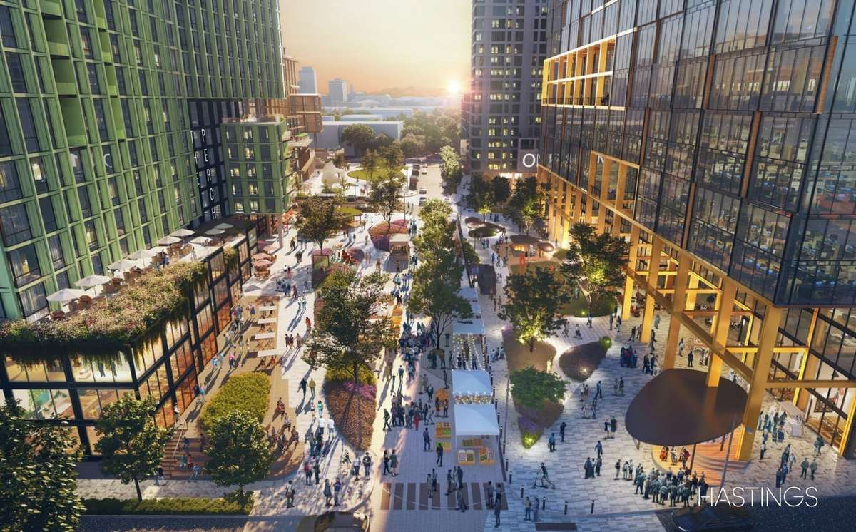 This is a rendering of Station East that is planned between Oracle's campus at the new Titan's Stadium.